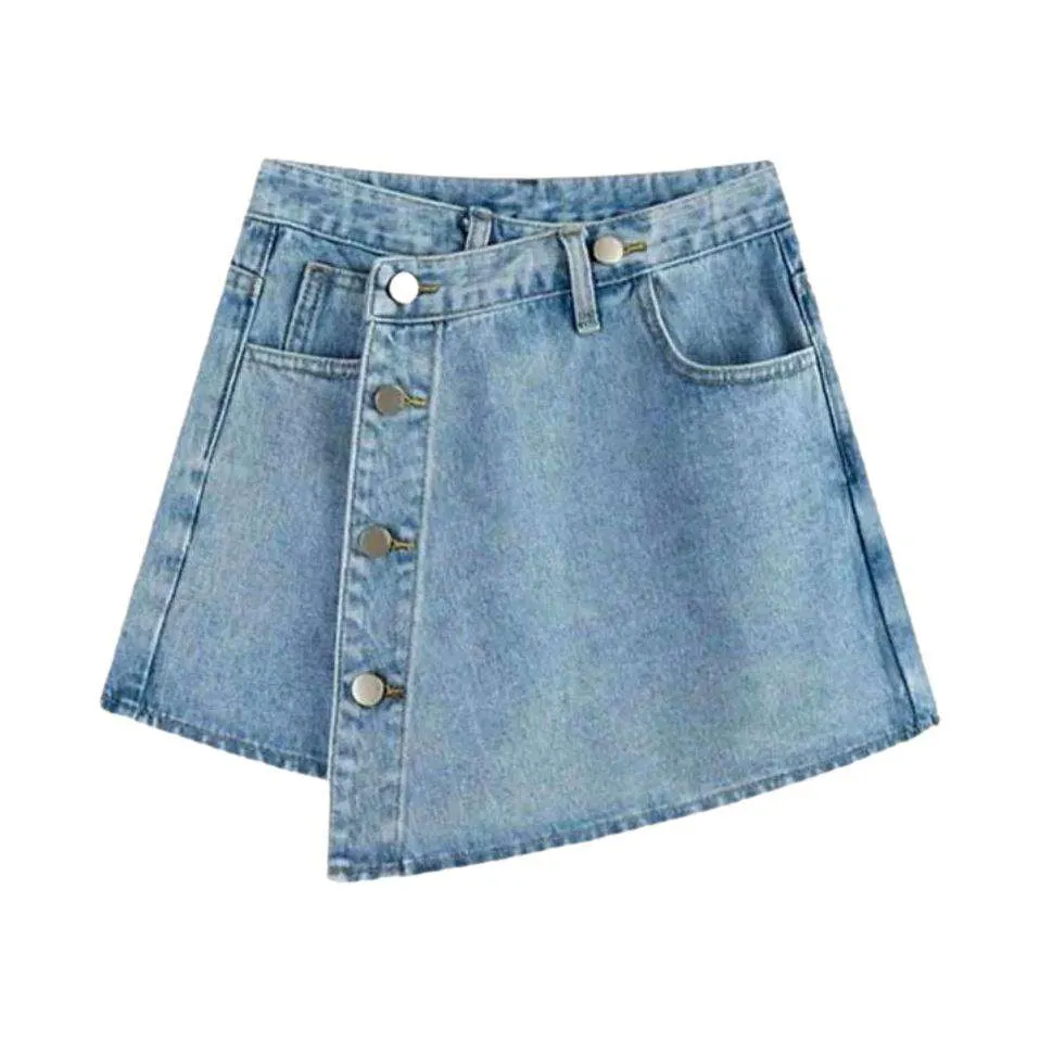 Asymmetric buttoned denim skort