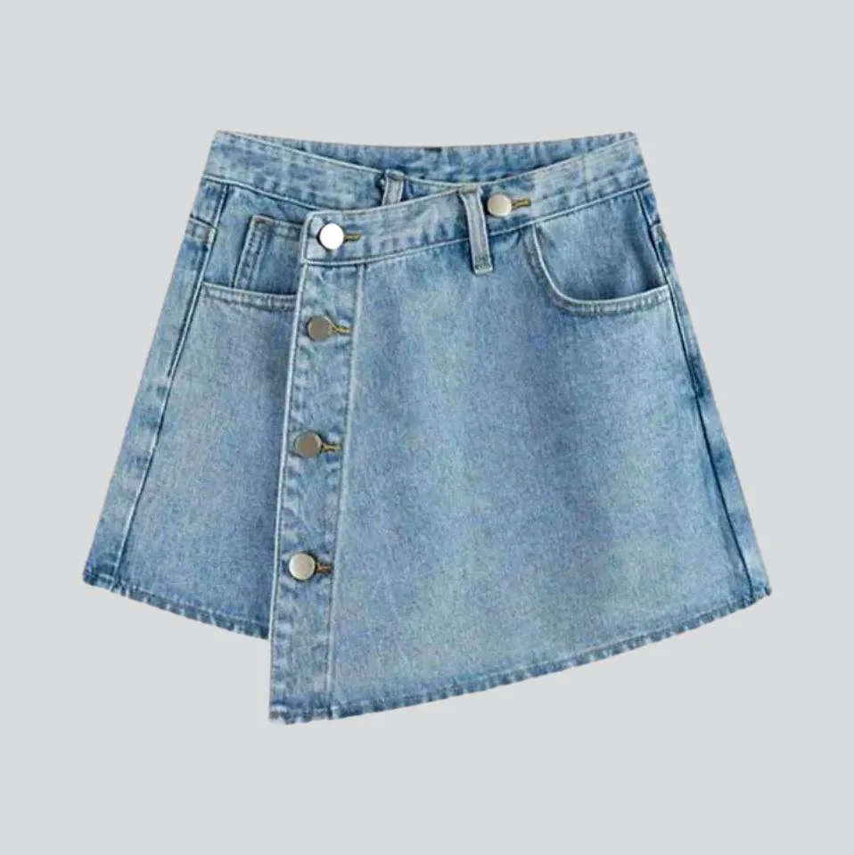 Asymmetric buttoned denim skort