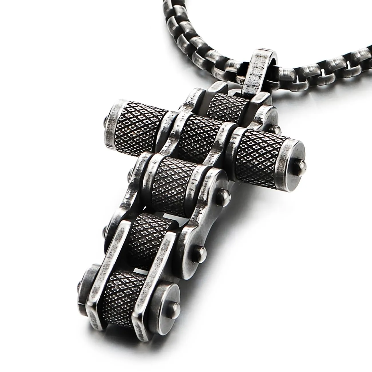 COOLSTEELANDBEYOND Men Bike Chain Cross Pendant Necklace, Stainless Steel Vintage Oxidized Blackened Textured, Biker Punk