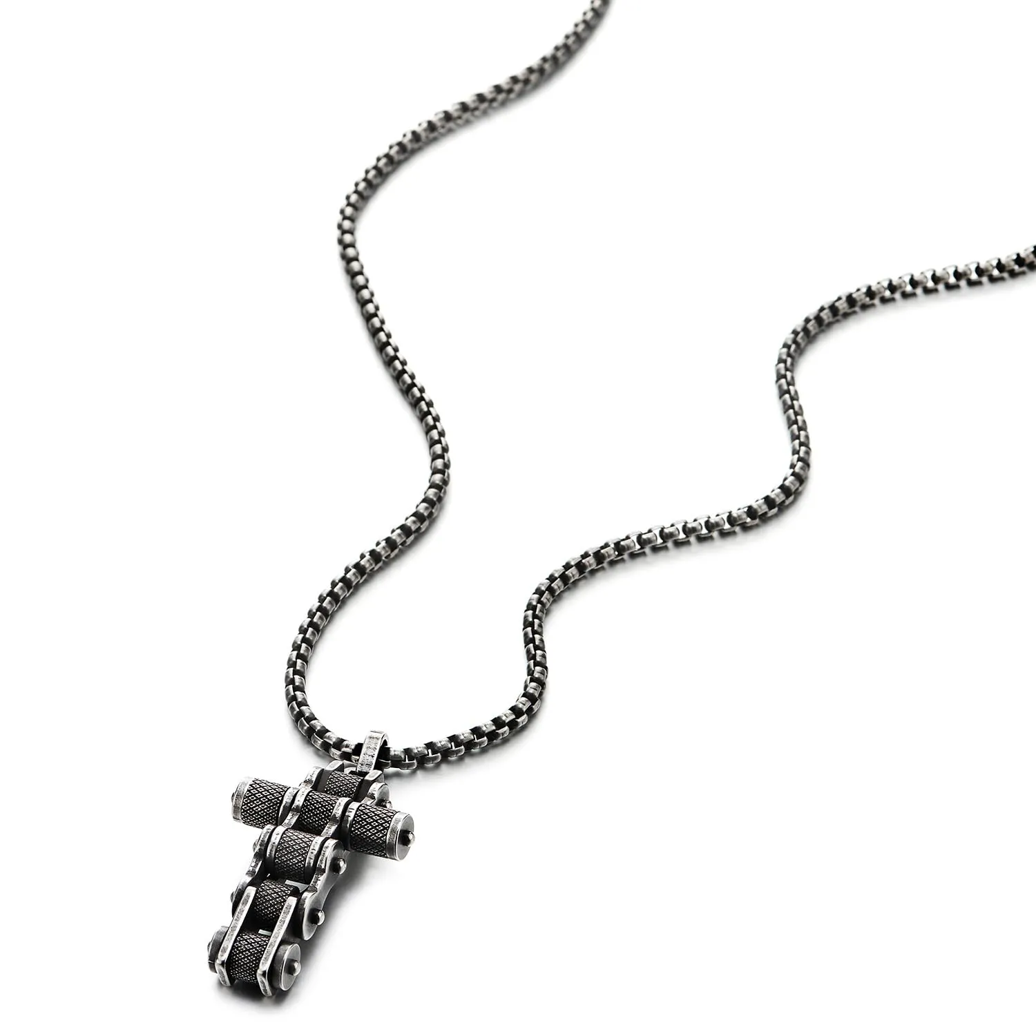 COOLSTEELANDBEYOND Men Bike Chain Cross Pendant Necklace, Stainless Steel Vintage Oxidized Blackened Textured, Biker Punk