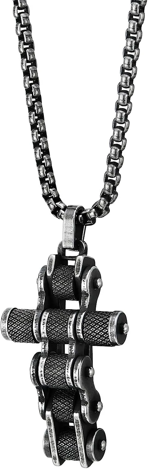 COOLSTEELANDBEYOND Men Bike Chain Cross Pendant Necklace, Stainless Steel Vintage Oxidized Blackened Textured, Biker Punk