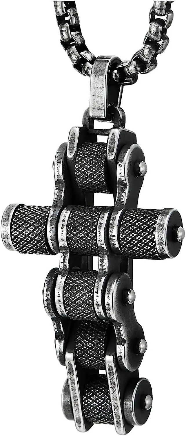 COOLSTEELANDBEYOND Men Bike Chain Cross Pendant Necklace, Stainless Steel Vintage Oxidized Blackened Textured, Biker Punk