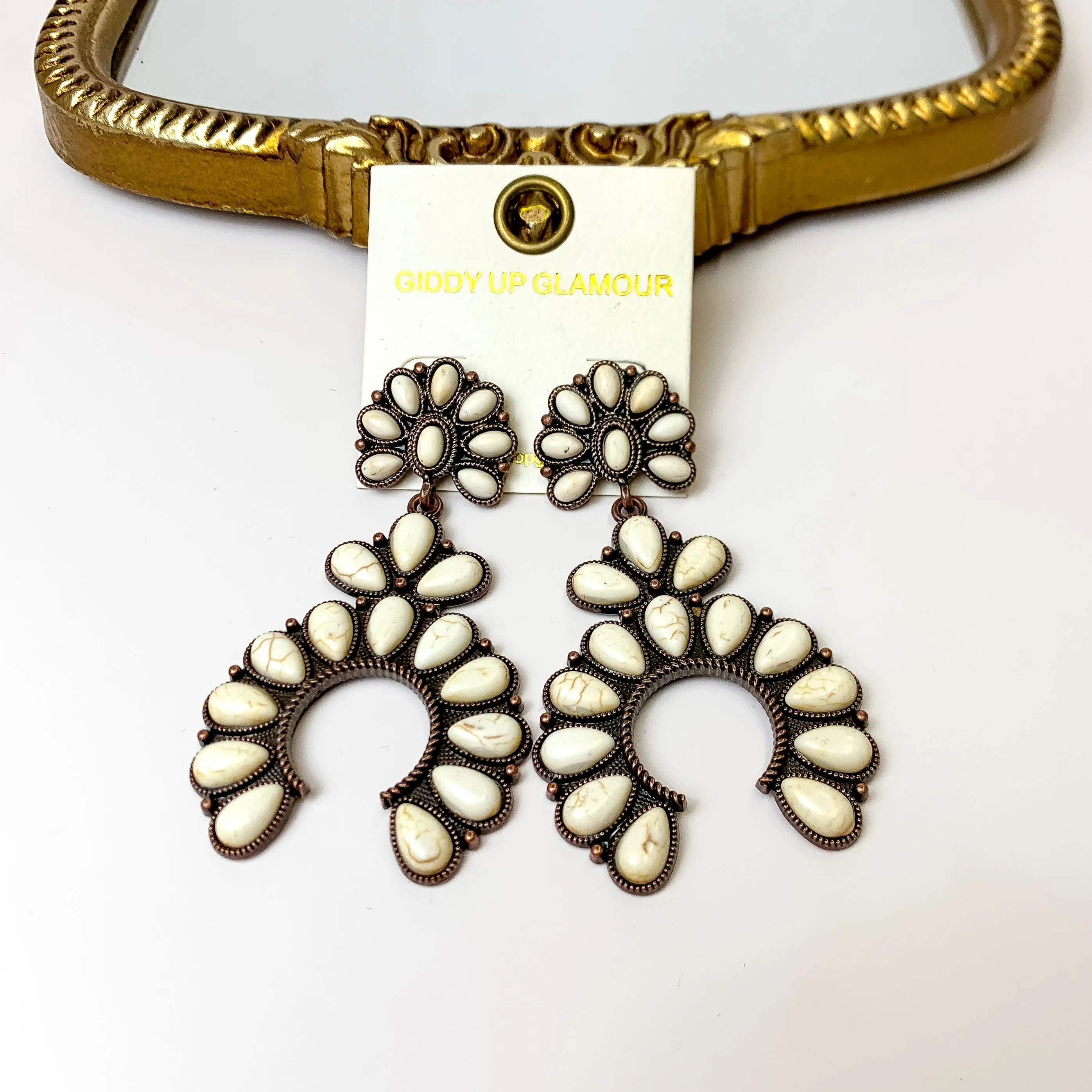 Copper Tone Faux Stone Naja Pendant Drop Earrings in Ivory