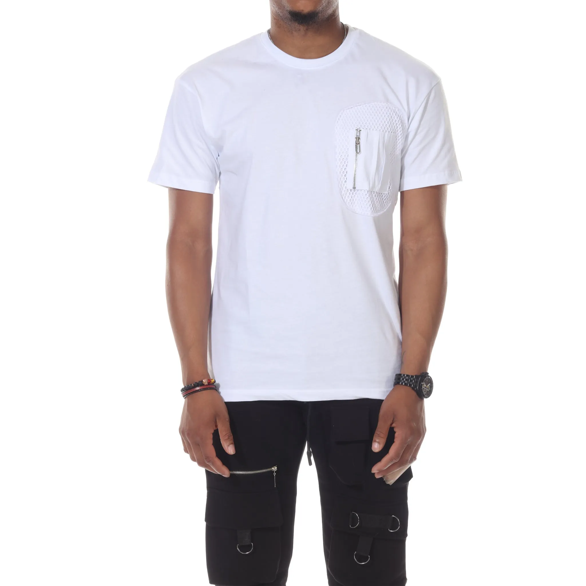 [Kent] White Tee with Fashion Zip & Lace Detail
