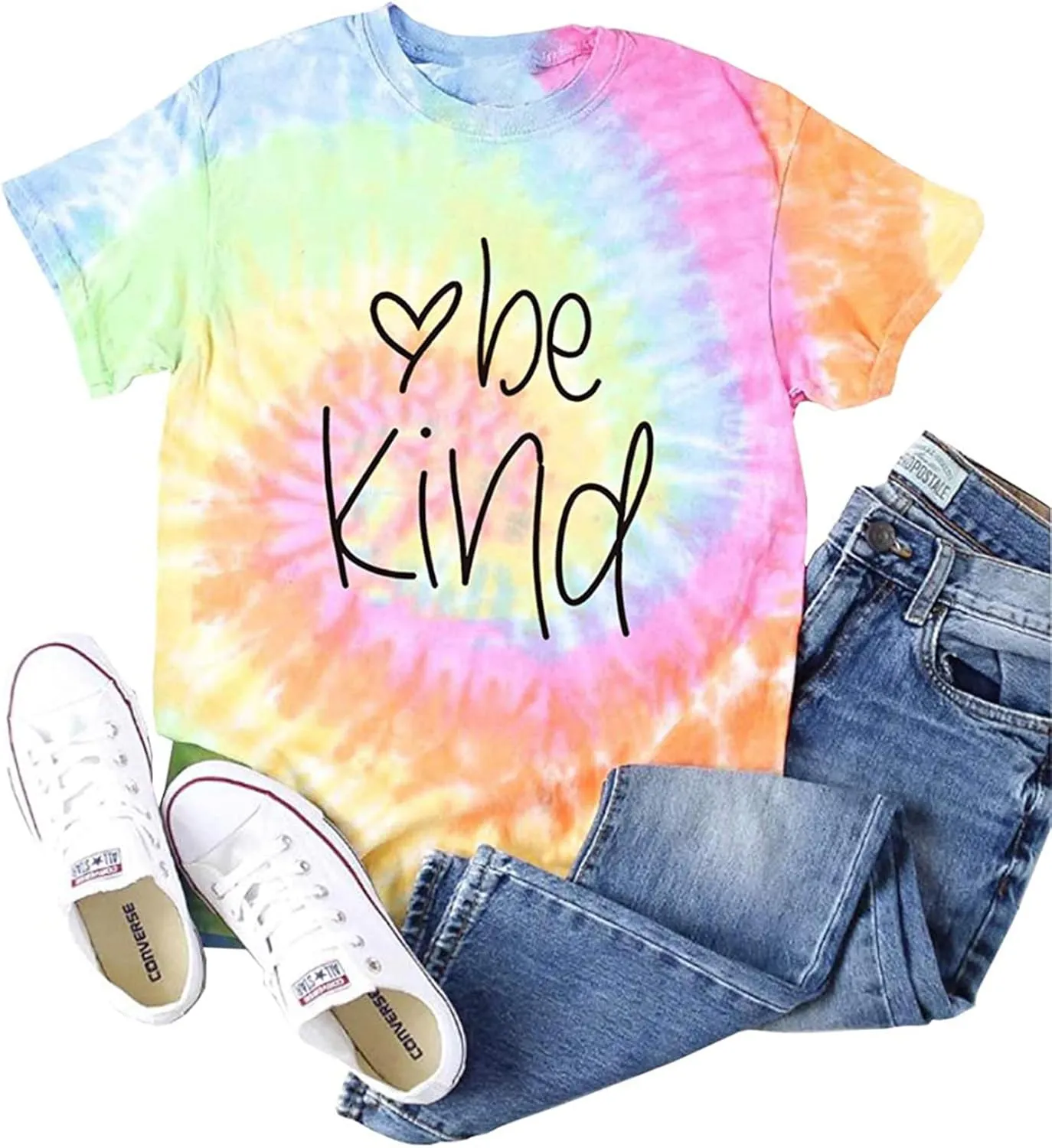 MAIHUN Be Kind Shirt for Women Tie Dye Rainbow T Shirt Inspirational Teacher Tees Tops Blessed Short Sleeve