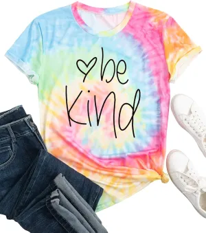 MAIHUN Be Kind Shirt for Women Tie Dye Rainbow T Shirt Inspirational Teacher Tees Tops Blessed Short Sleeve
