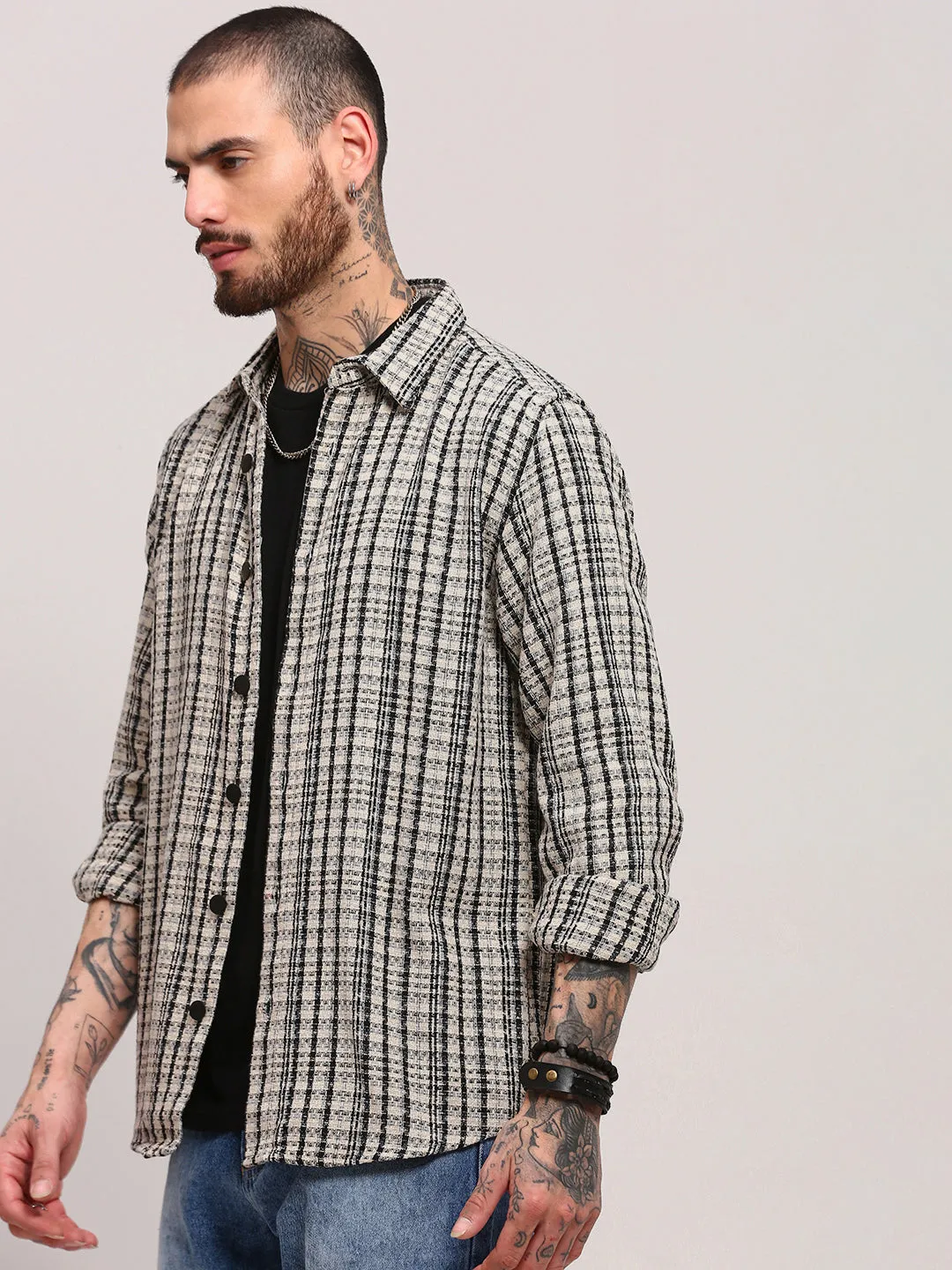 Men Cream Micro Checked Shacket