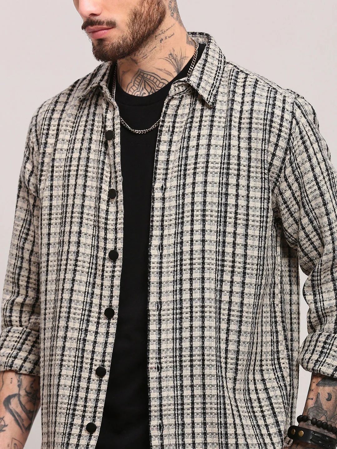 Men Cream Micro Checked Shacket
