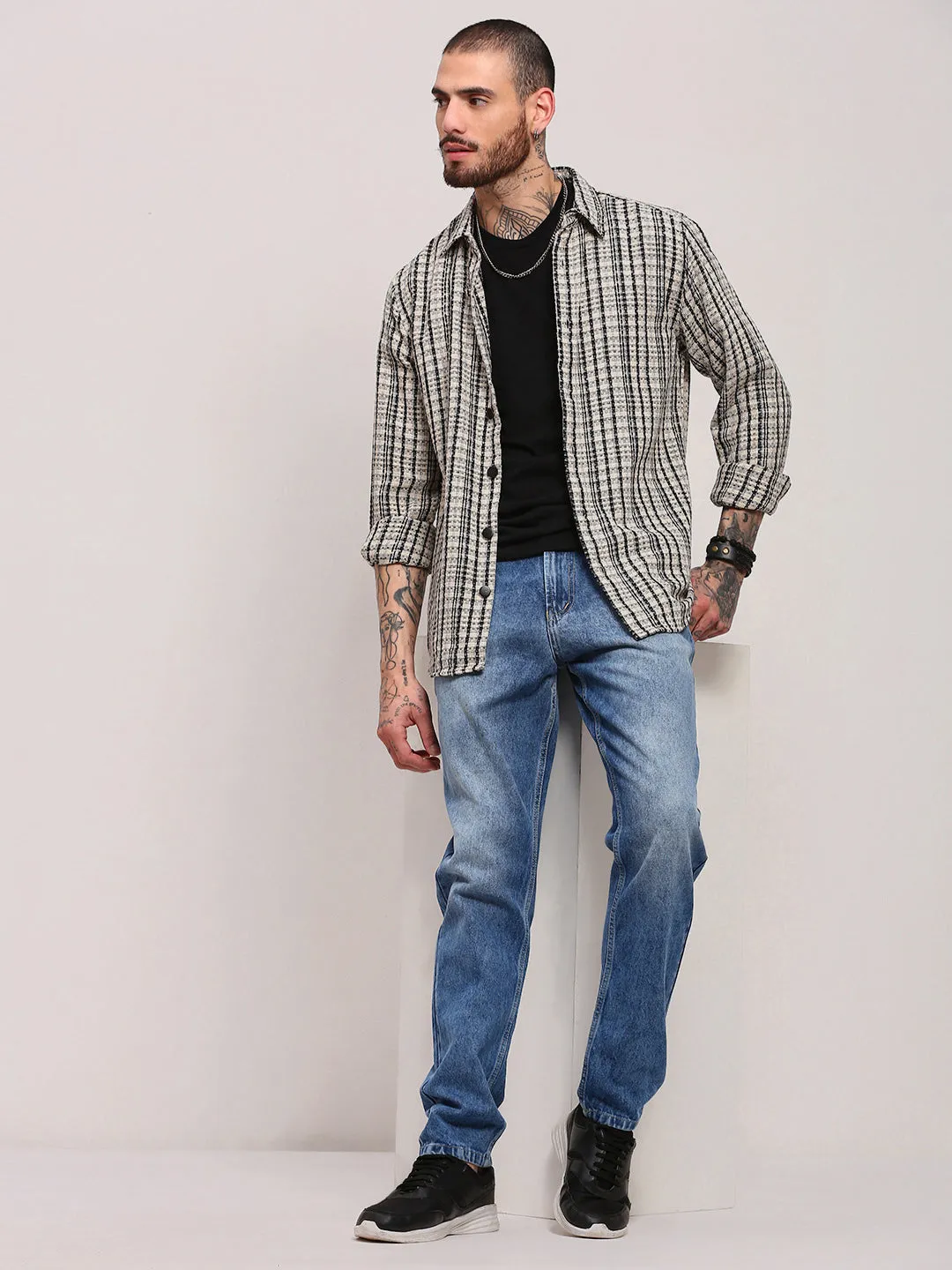 Men Cream Micro Checked Shacket