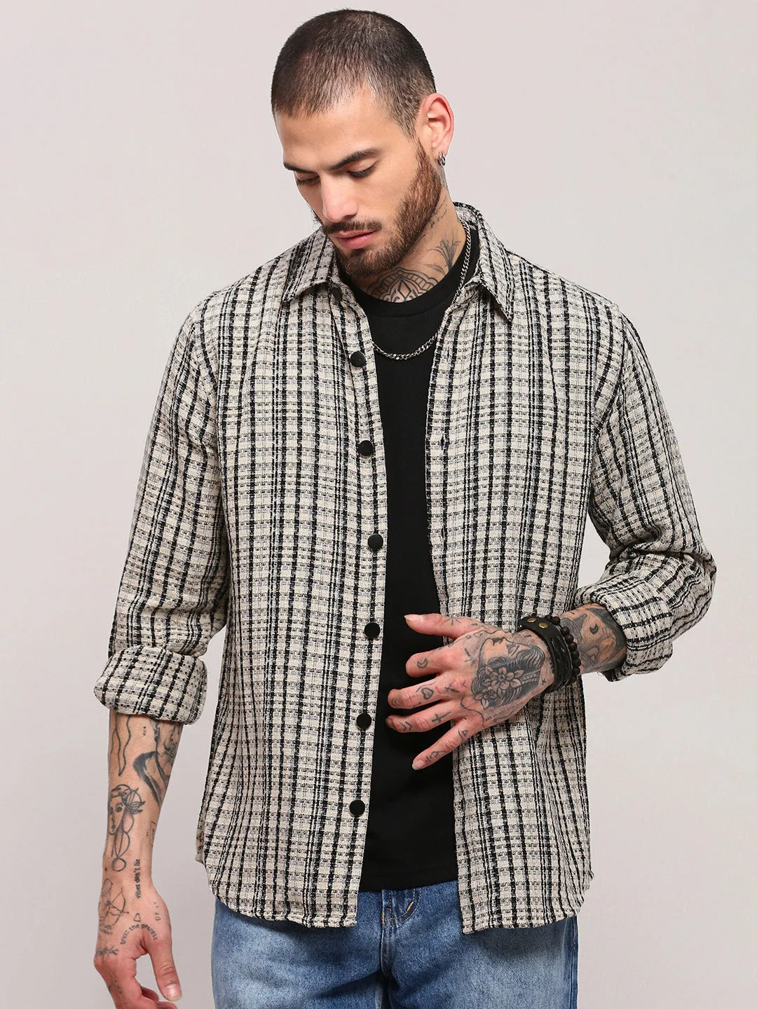 Men Cream Micro Checked Shacket