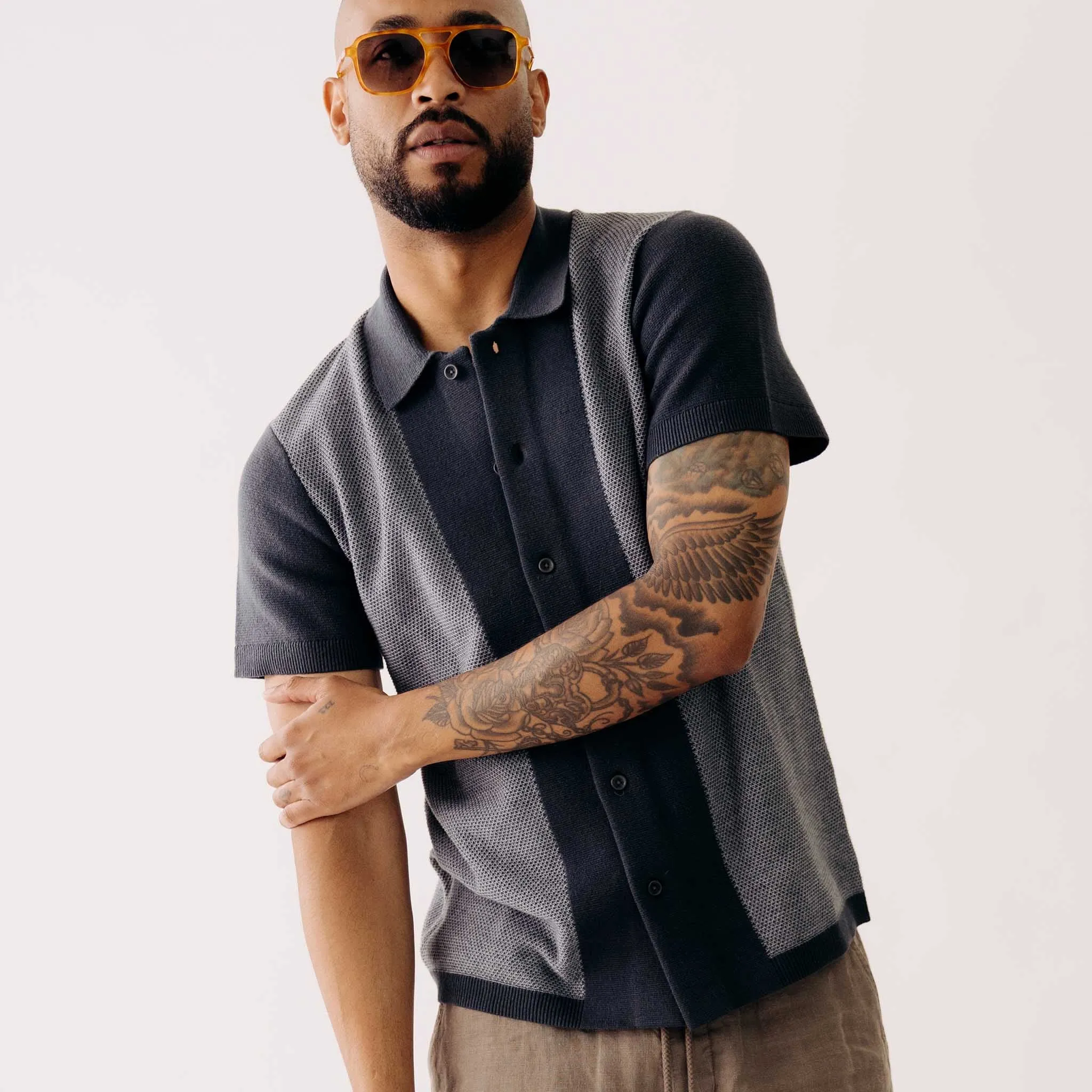The Button Down Polo in Marine Seed Stitch