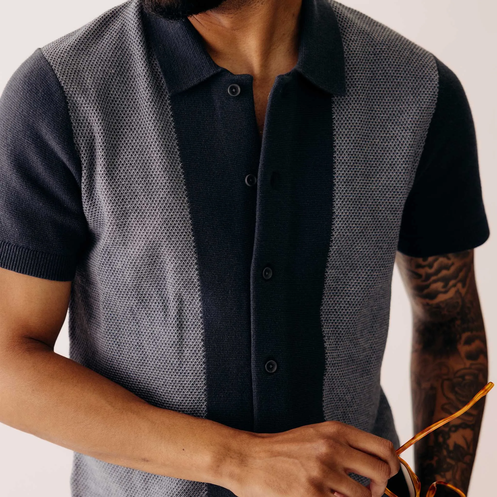 The Button Down Polo in Marine Seed Stitch