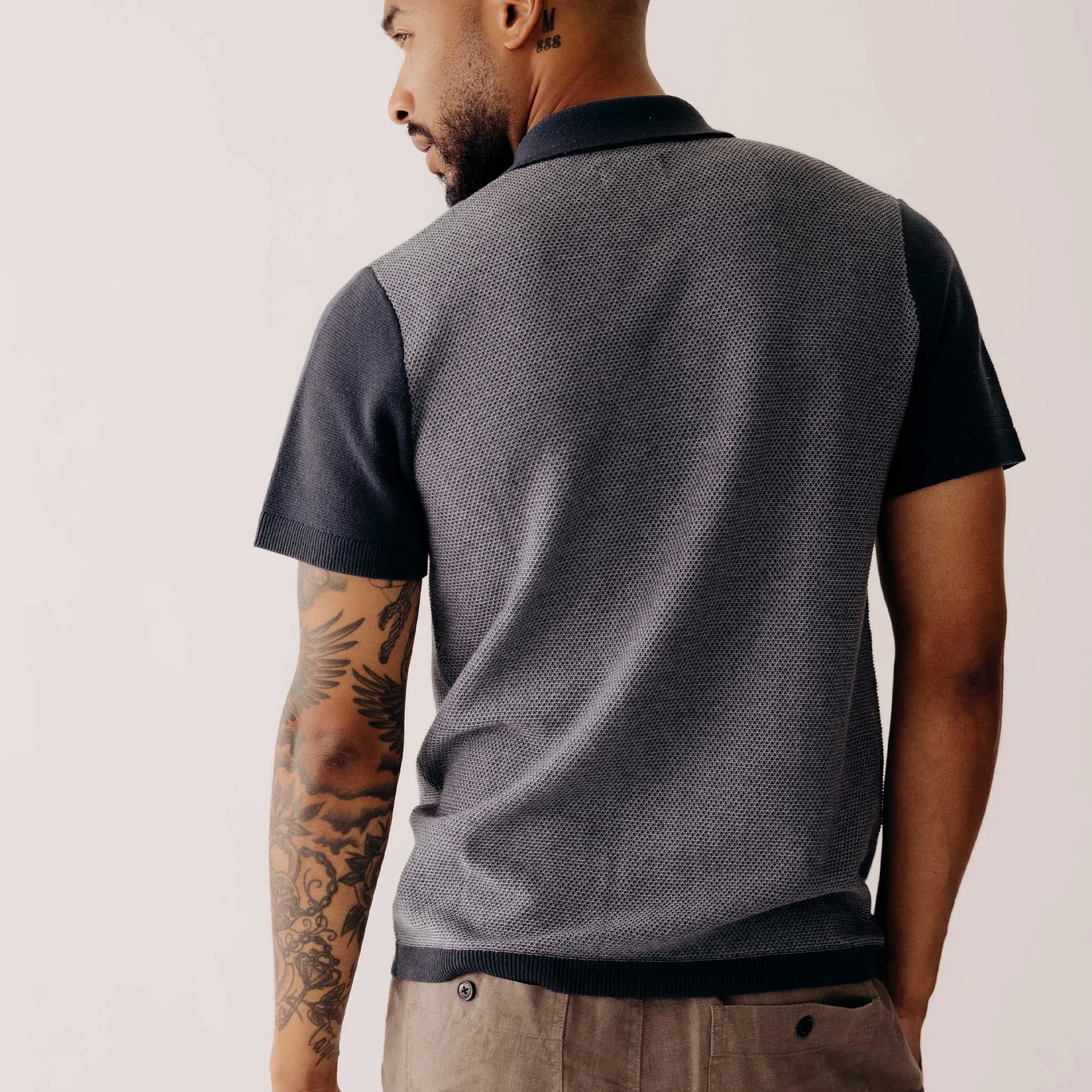 The Button Down Polo in Marine Seed Stitch