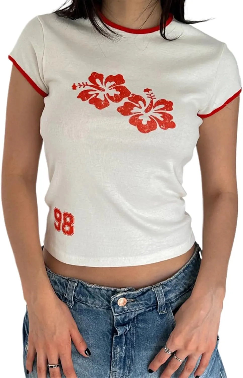 Y2k Flower Graphic Baby Tees Crop Tops for Women Hibiscus Print Short Sleeve Aesthetic Vintage 90s Teens 2000s Shirt
